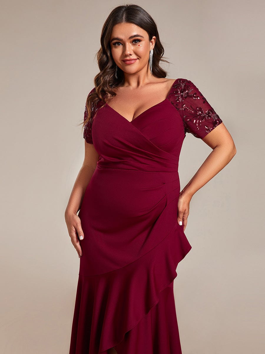 Plus Size Short-Sleeved V-Neck Bodycon Fishtail Evening Dresses showcasing High-Low #color_Burgundy