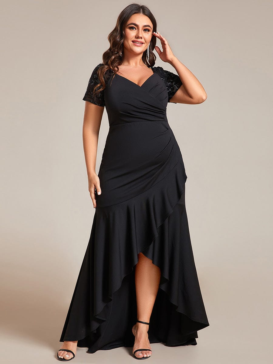 Plus Size Short-Sleeved V-Neck Bodycon Fishtail Evening Dresses showcasing High-Low #color_Black