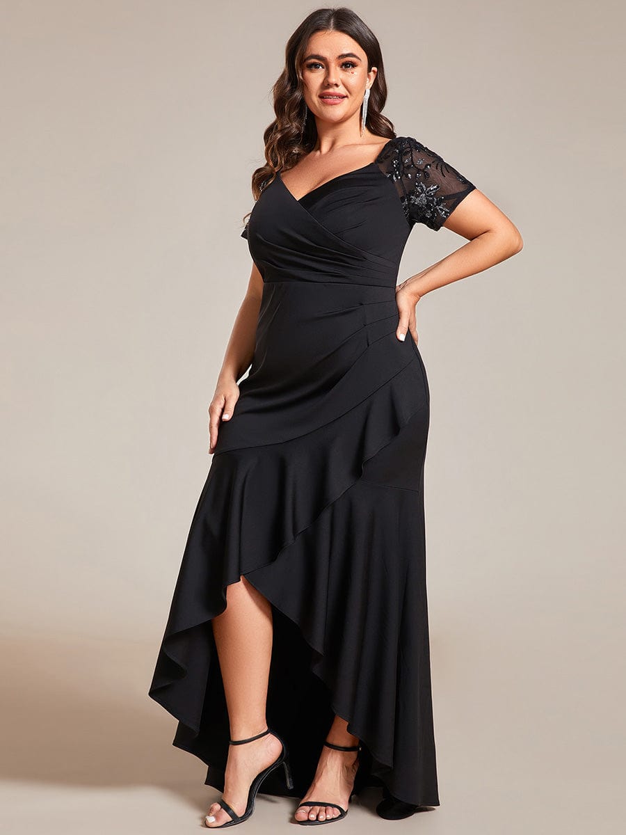 Plus Size Short-Sleeved V-Neck Bodycon Fishtail Evening Dresses showcasing High-Low #color_Black