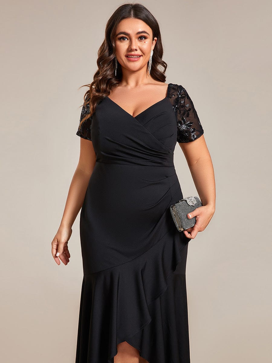 Plus Size Short-Sleeved V-Neck Bodycon Fishtail Evening Dresses showcasing High-Low #color_Black