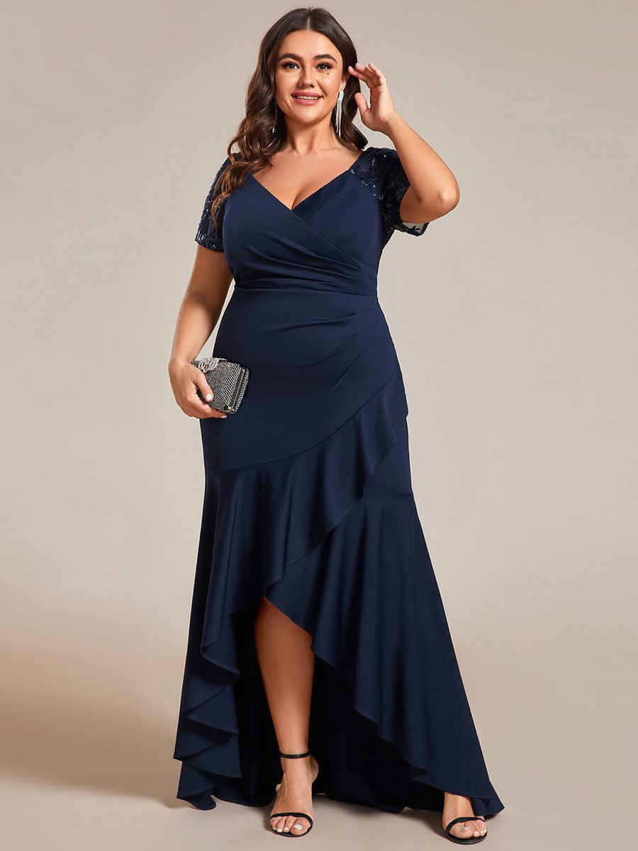 Plus Size Short-Sleeved V-Neck Bodycon Fishtail Evening Dresses showcasing High-Low #color_Navy Blue