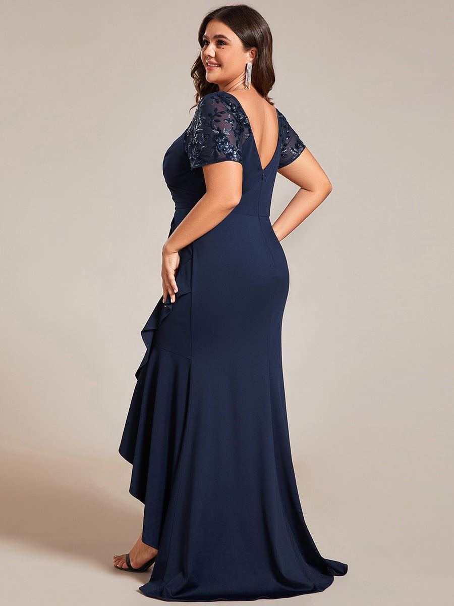 Plus Size Short-Sleeved V-Neck Bodycon Fishtail Evening Dresses showcasing High-Low #color_Navy Blue