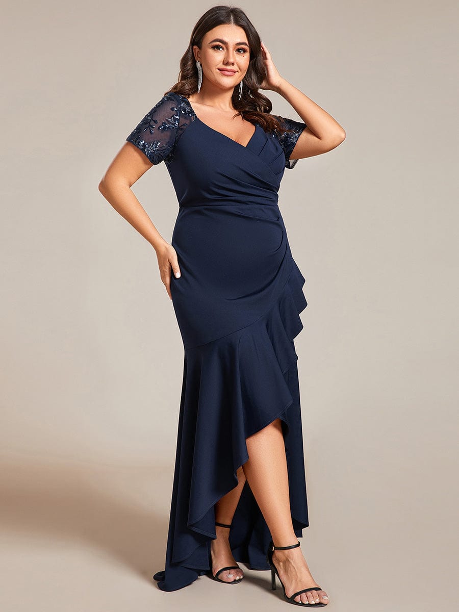 Plus Size Short-Sleeved V-Neck Bodycon Fishtail Evening Dresses showcasing High-Low #color_Navy Blue