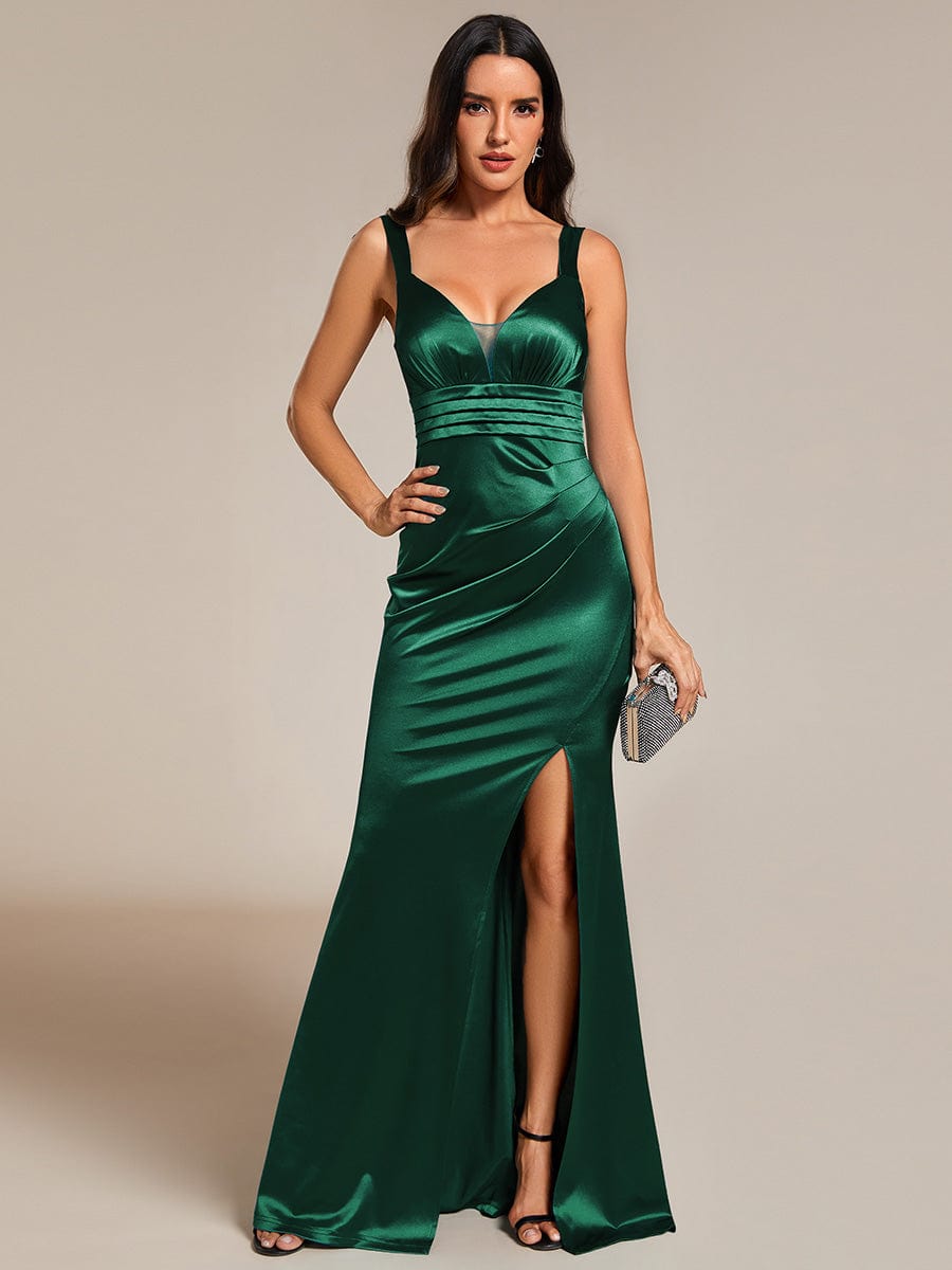 High-Slit V-Neck Spaghetti Strap Satin Evening Dress #color_Dark Green