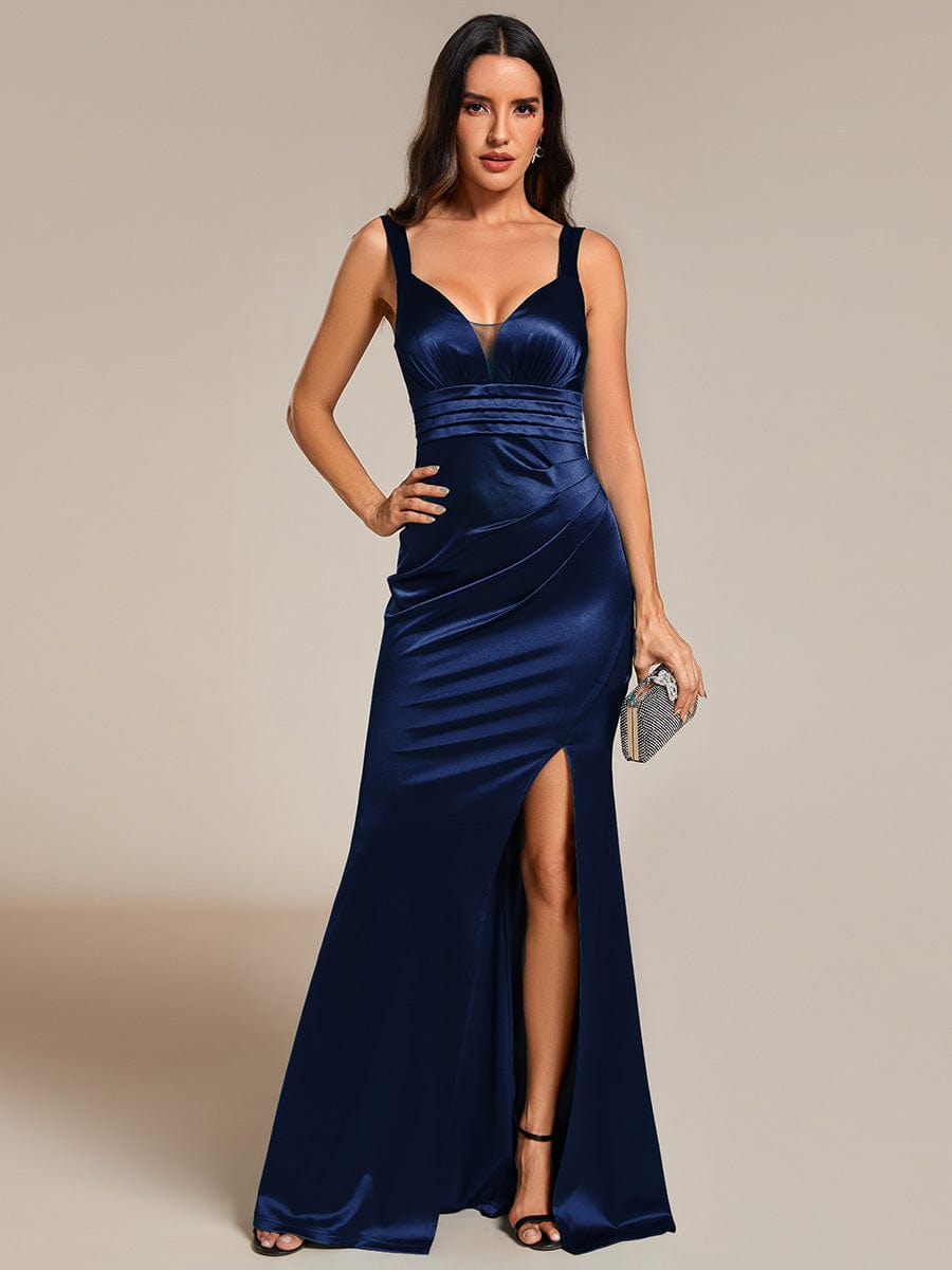 High-Slit V-Neck Spaghetti Strap Satin Evening Dress #color_Navy Blue