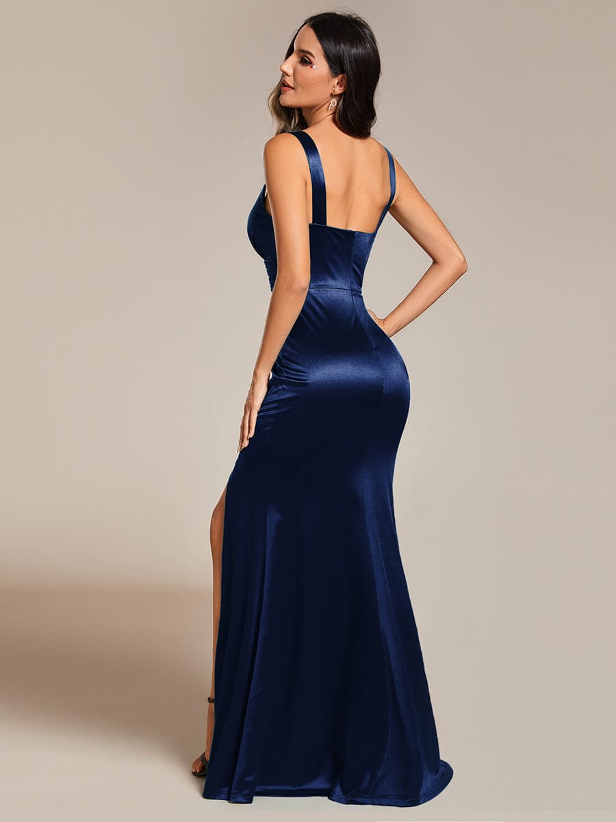 High-Slit V-Neck Spaghetti Strap Satin Evening Dress #color_Navy Blue