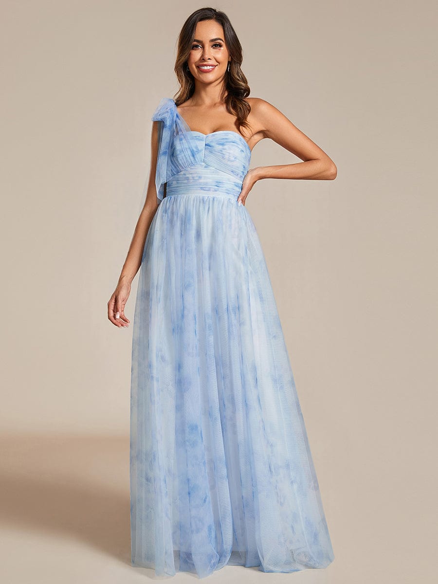 Multi-Way Strapless Floral Empire Waist Evening Dress with Pleated #color_Ice Blue