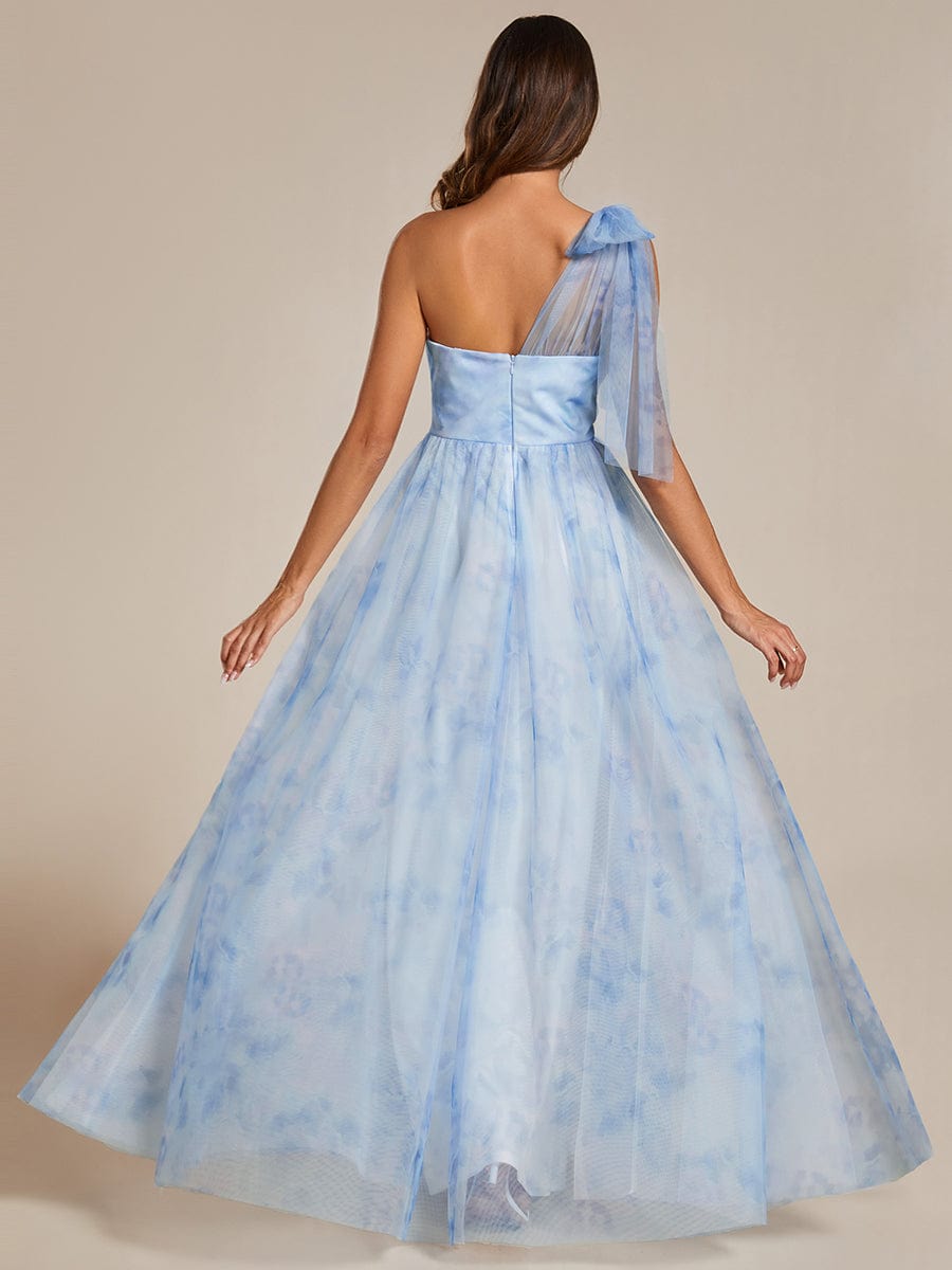 Multi-Way Strapless Floral Empire Waist Evening Dress with Pleated #color_Ice Blue