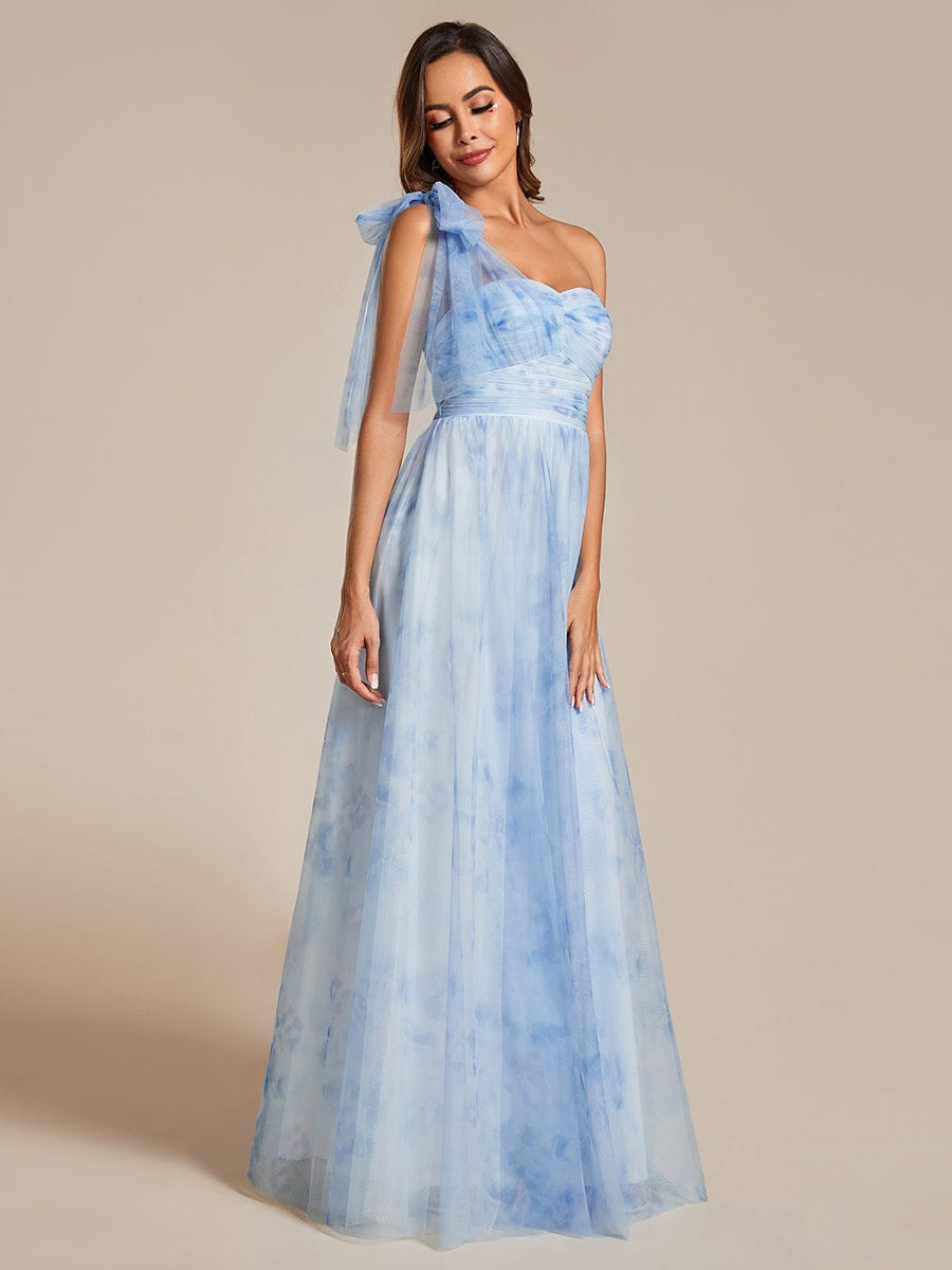 Multi-Way Strapless Floral Empire Waist Evening Dress with Pleated #color_Ice Blue