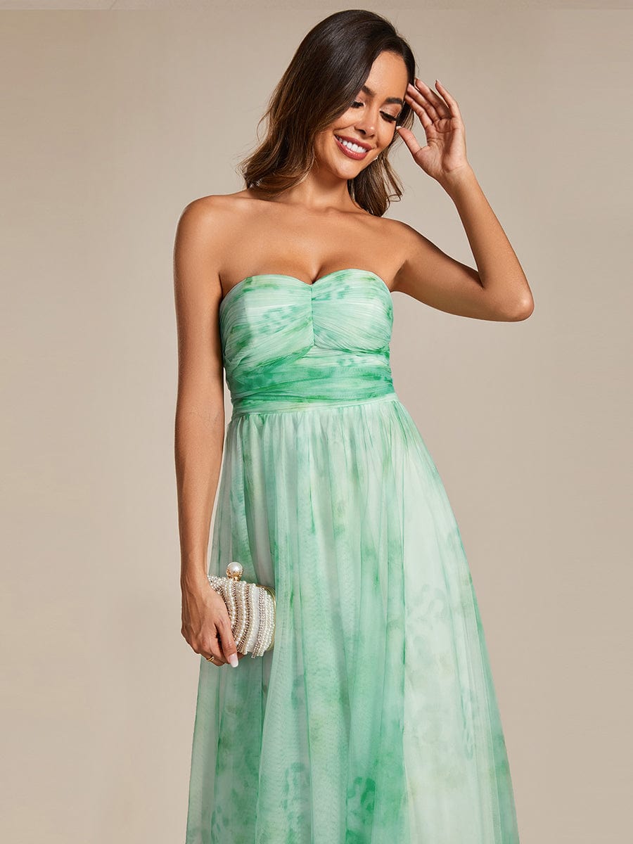 Multi-Way Strapless Floral Empire Waist Evening Dress with Pleated #color_Mint Green