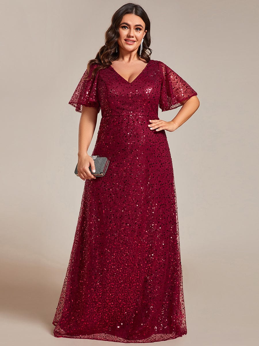 Plus Size V Neck Sequined A Line Evening Dresses with Ruffles Sleeves