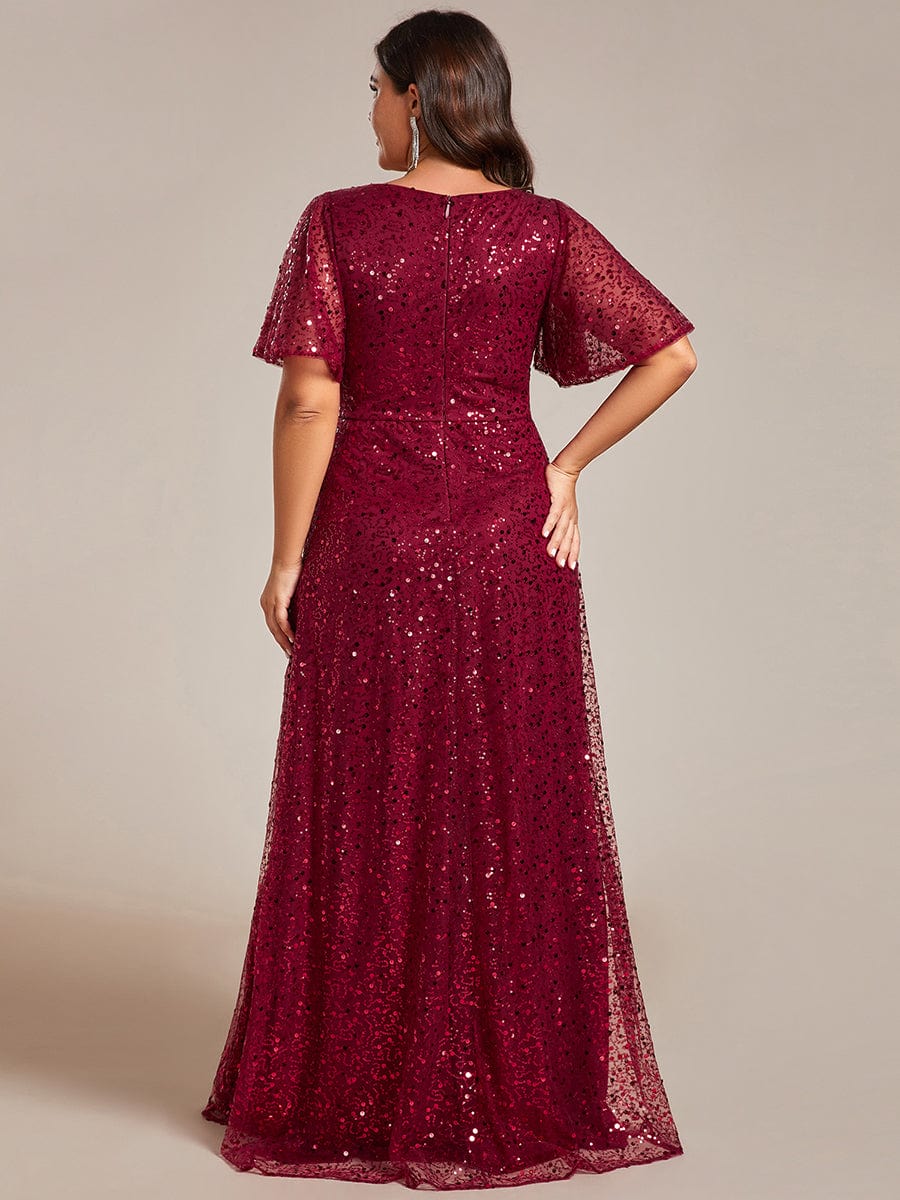 V-Neck Sequined A-Line Evening Dresses with Ruffles Sleeves #color_Burgundy