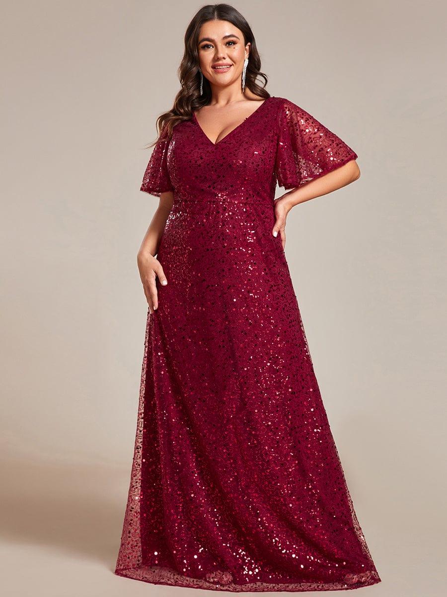 V-Neck Sequined A-Line Evening Dresses with Ruffles Sleeves #color_Burgundy