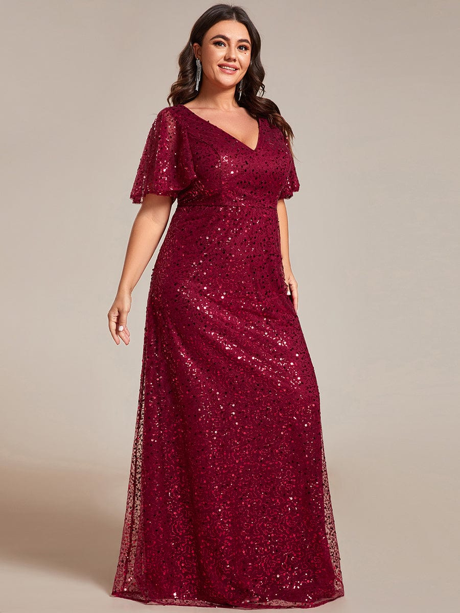 Plus Size V-Neck Sequined A-Line Evening Dresses with Ruffles Sleeves #color_Burgundy