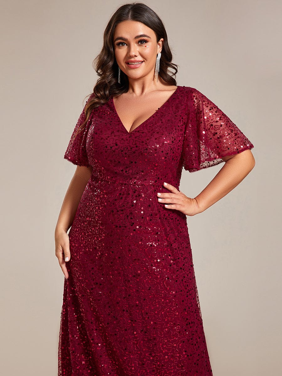 Plus Size V-Neck Sequined A-Line Evening Dresses with Ruffles Sleeves #color_Burgundy