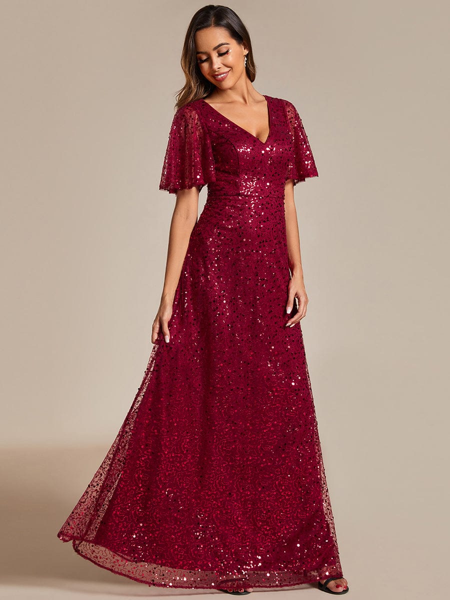 V-Neck Sequined A-Line Evening Dresses with Ruffles Sleeves #color_Burgundy