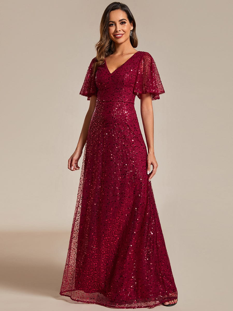 V-Neck Sequined A-Line Evening Dresses with Ruffles Sleeves #color_Burgundy