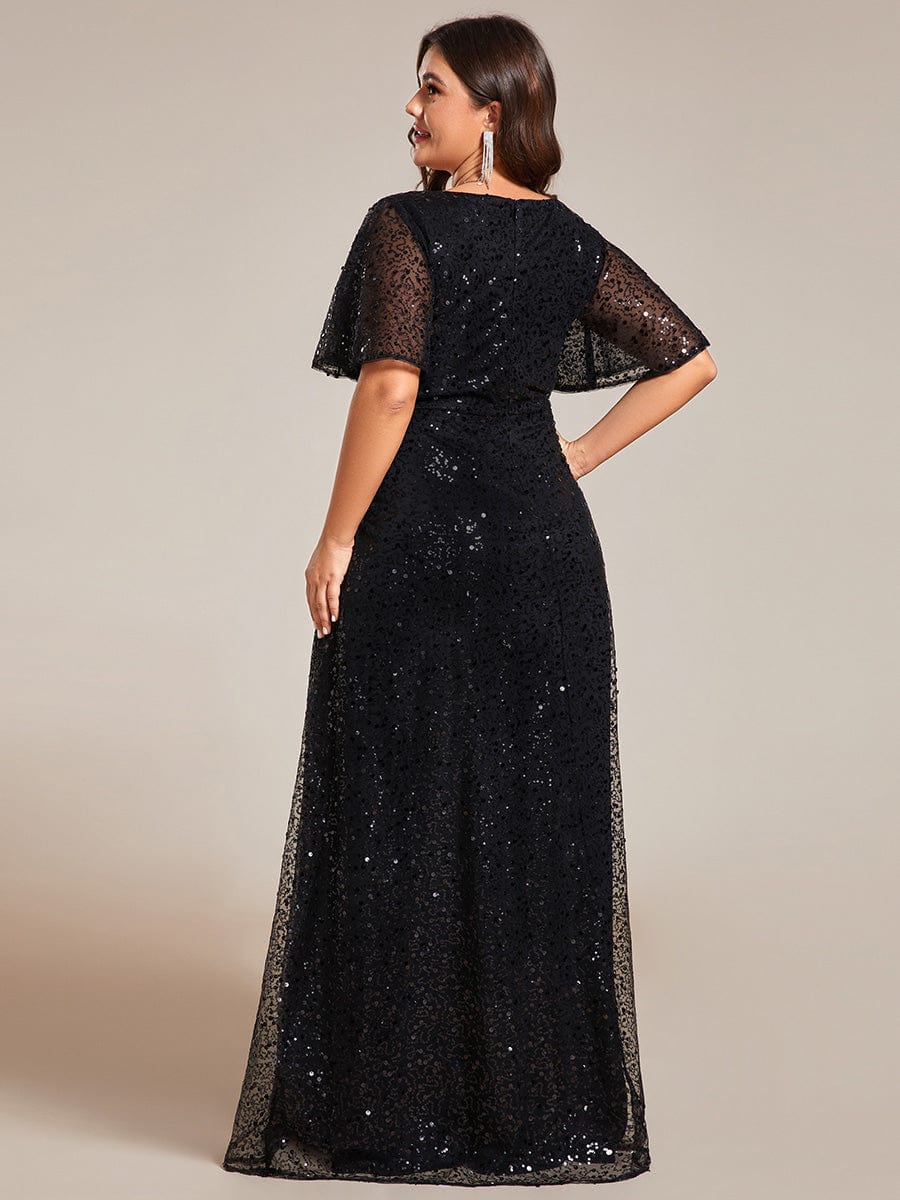 V-Neck Sequined A-Line Evening Dresses with Ruffles Sleeves #color_Black