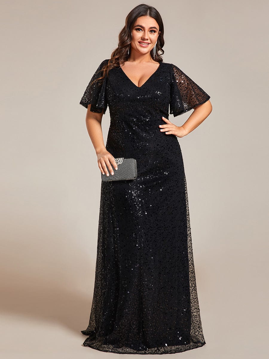 V-Neck Sequined A-Line Evening Dresses with Ruffles Sleeves #color_Black