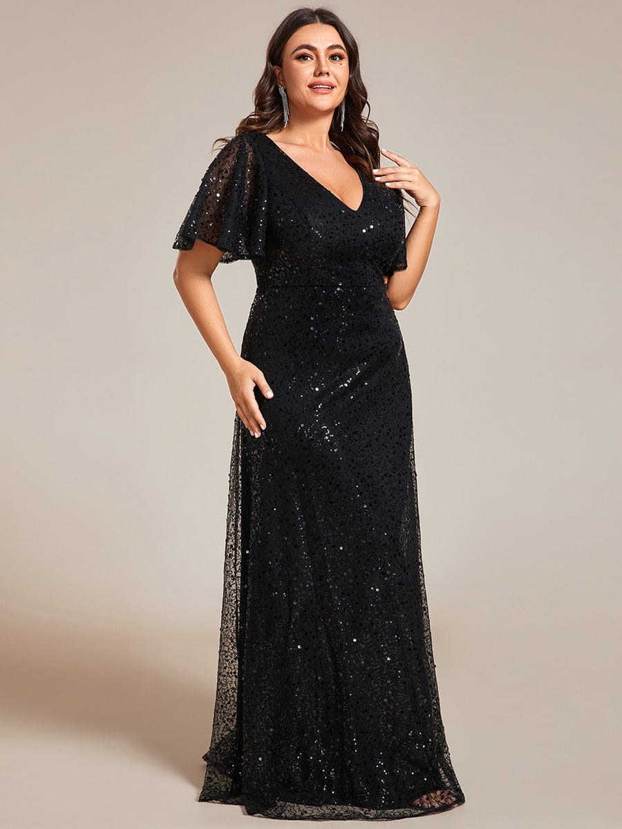 Plus Size V-Neck Sequined A-Line Evening Dresses with Ruffles Sleeves #color_Black