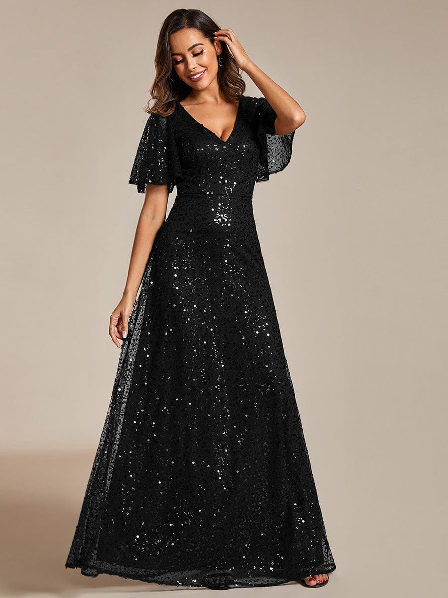 V-Neck Sequined A-Line Evening Dresses with Ruffles Sleeves #color_Black