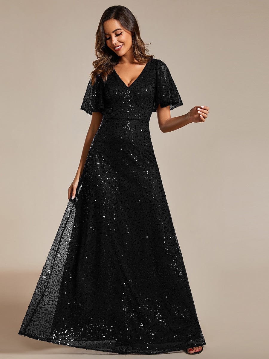 V-Neck Sequined A-Line Evening Dresses with Ruffles Sleeves #color_Black