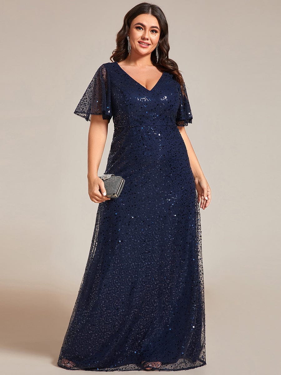 Plus Size V-Neck Sequined A-Line Evening Dresses with Ruffles Sleeves #color_Navy Blue