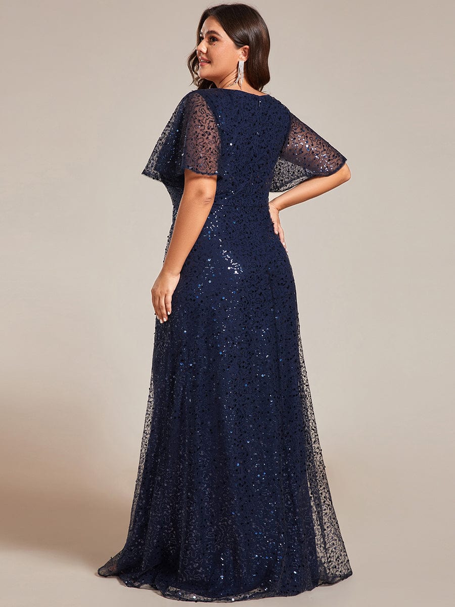 Plus Size V-Neck Sequined A-Line Evening Dresses with Ruffles Sleeves #color_Navy Blue