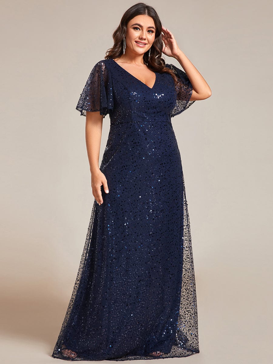 Plus Size V-Neck Sequined A-Line Evening Dresses with Ruffles Sleeves #color_Navy Blue