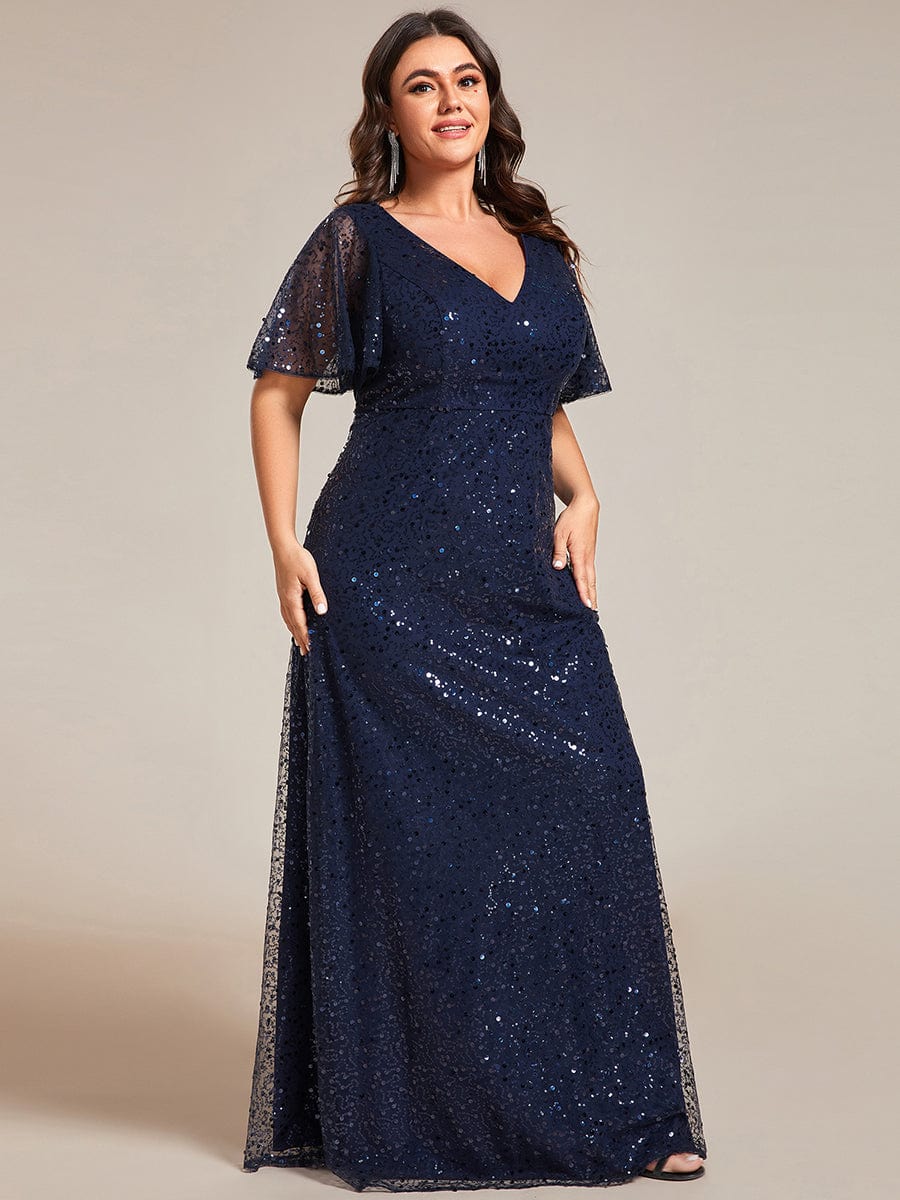 Plus Size V-Neck Sequined A-Line Evening Dresses with Ruffles Sleeves #color_Navy Blue