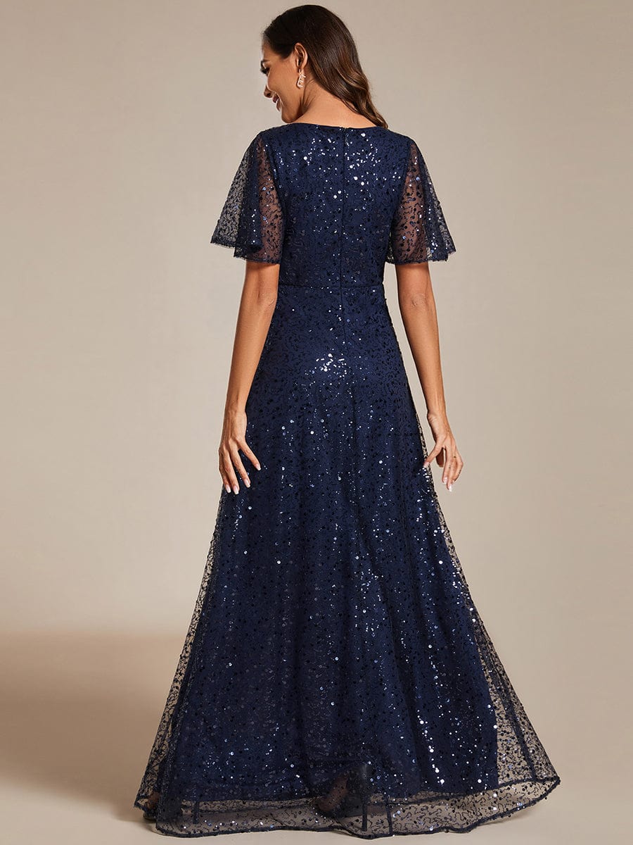 V-Neck Sequined A-Line Evening Dresses with Ruffles Sleeves #color_Navy Blue