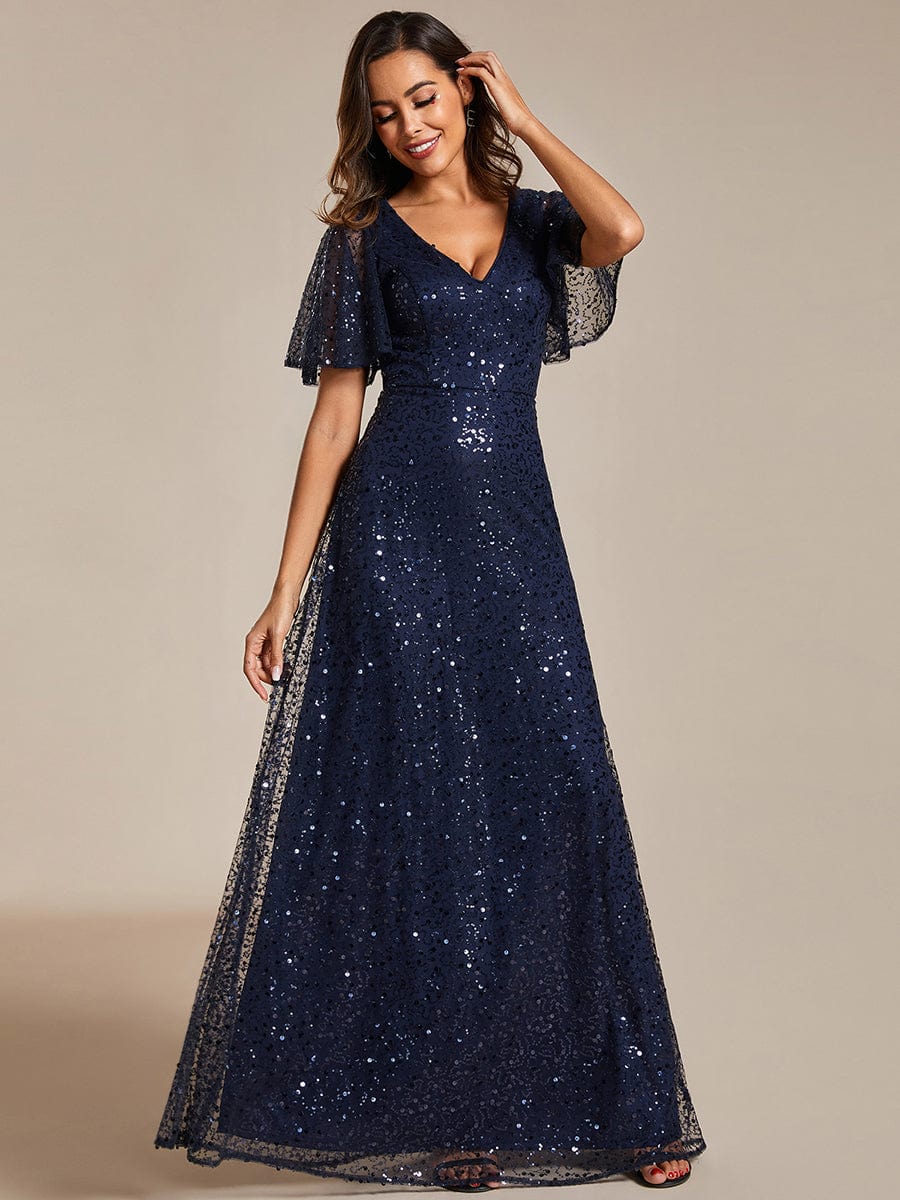 V-Neck Sequined A-Line Evening Dresses with Ruffles Sleeves #color_Navy Blue