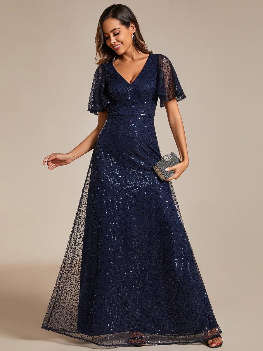 V-Neck Sequined A-Line Evening Dresses with Ruffles Sleeves #color_Navy Blue