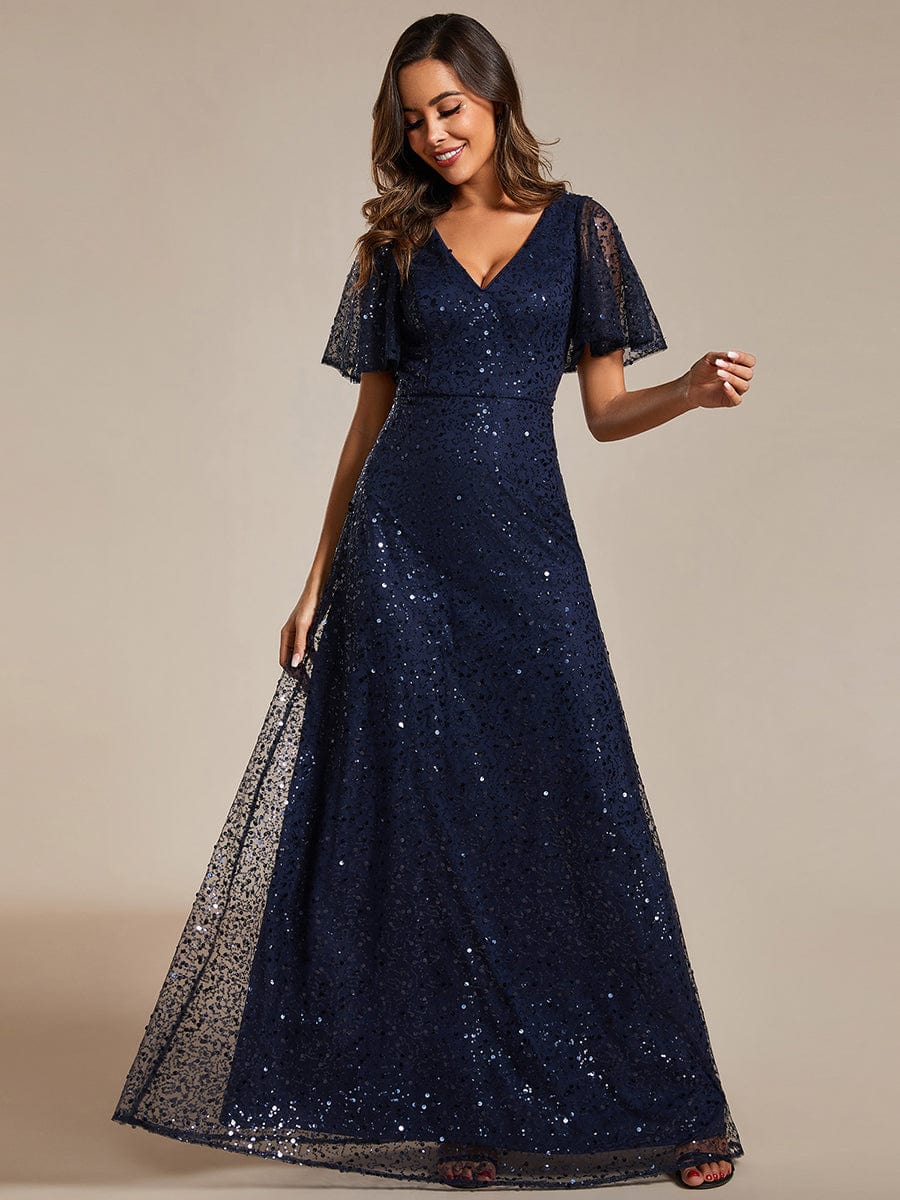 V-Neck Sequined A-Line Evening Dresses with Ruffles Sleeves #color_Navy Blue