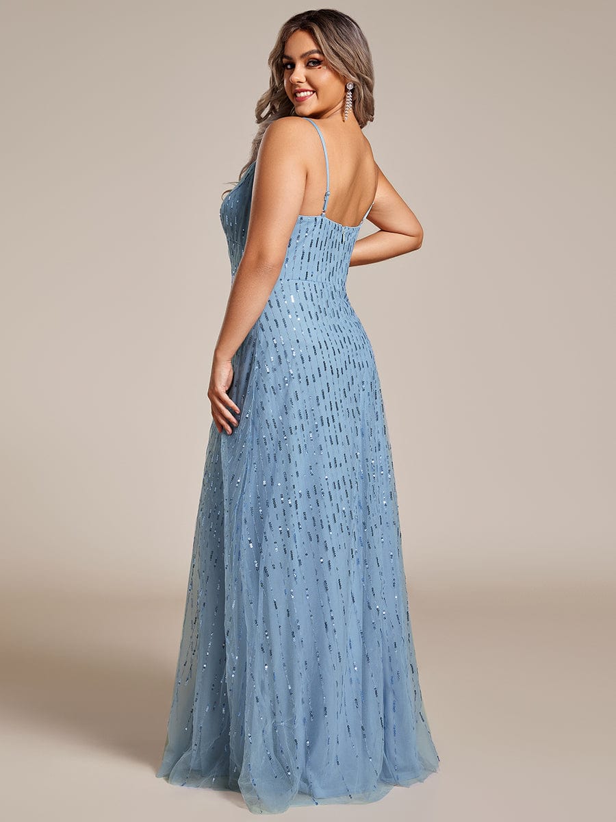 Paillette Deep V-neck High-Waisted Evening Dress Adorned with Spaghetti Straps #color_Light Blue