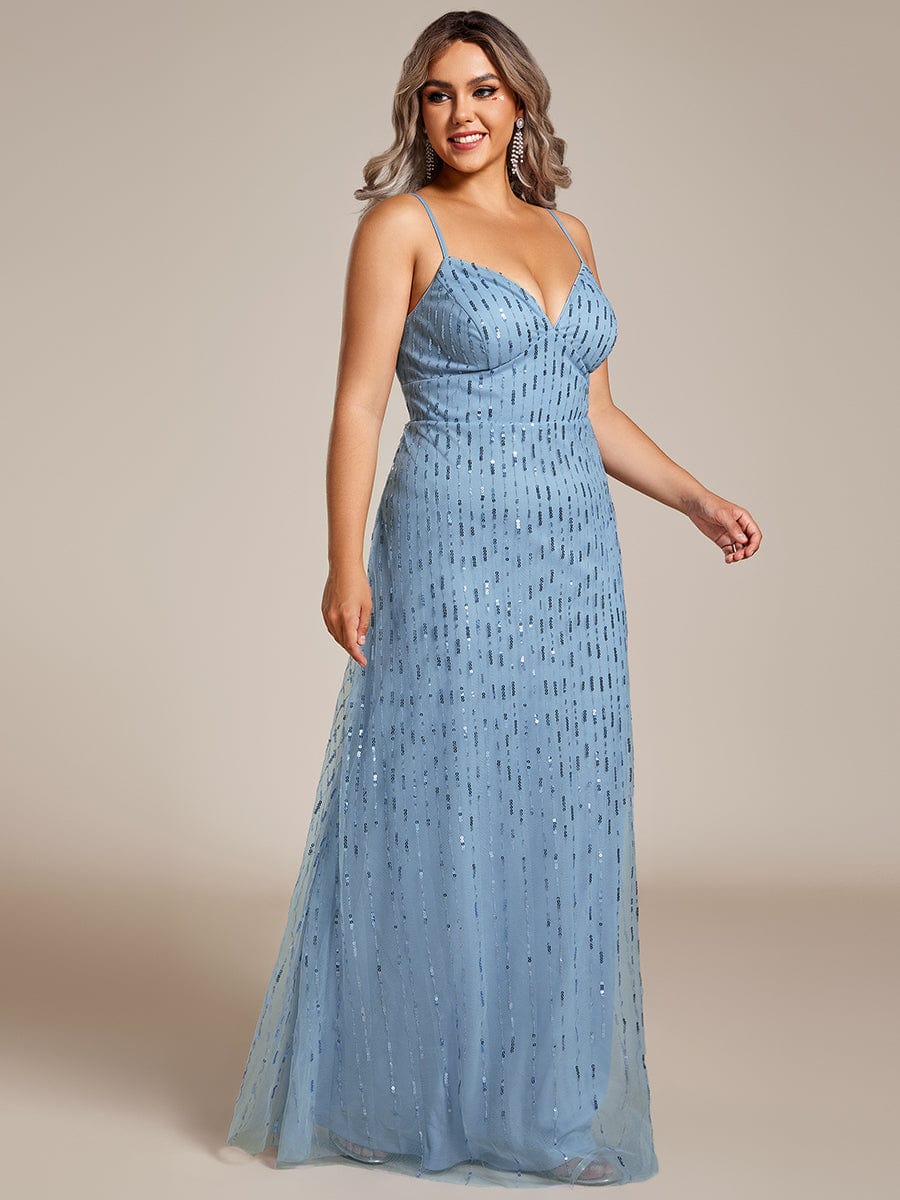 Paillette Deep V-neck High-Waisted Evening Dress Adorned with Spaghetti Straps #color_Light Blue