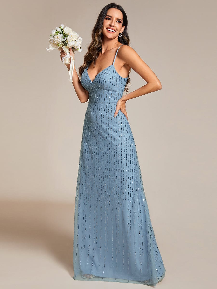 Paillette Deep V-neck High-Waisted Evening Dress Adorned with Spaghetti Straps #color_Light Blue