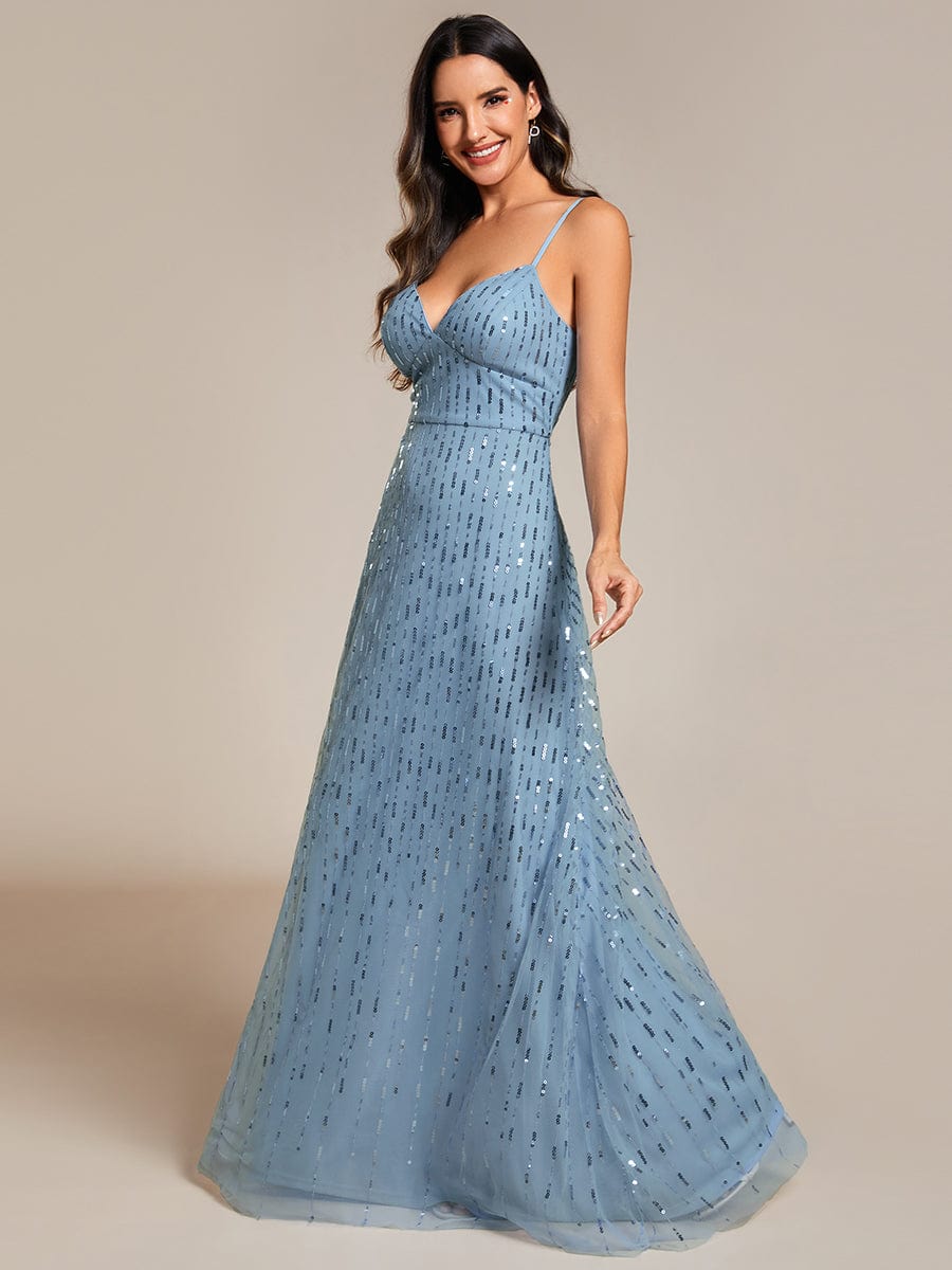 Paillette Deep V-neck High-Waisted Evening Dress Adorned with Spaghetti Straps #color_Light Blue