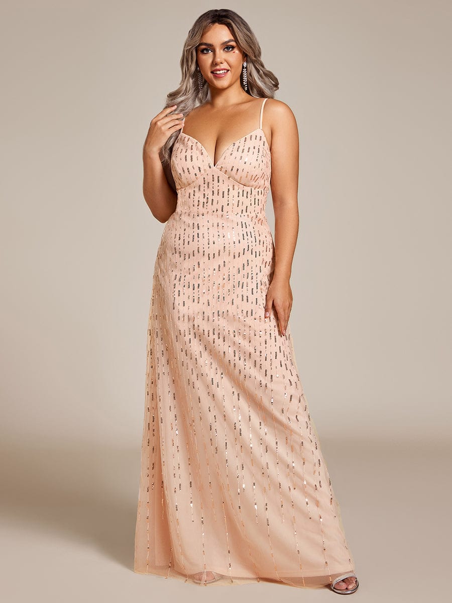 Paillette Deep V-neck High-Waisted Evening Dress Adorned with Spaghetti Straps #color_Rose Gold