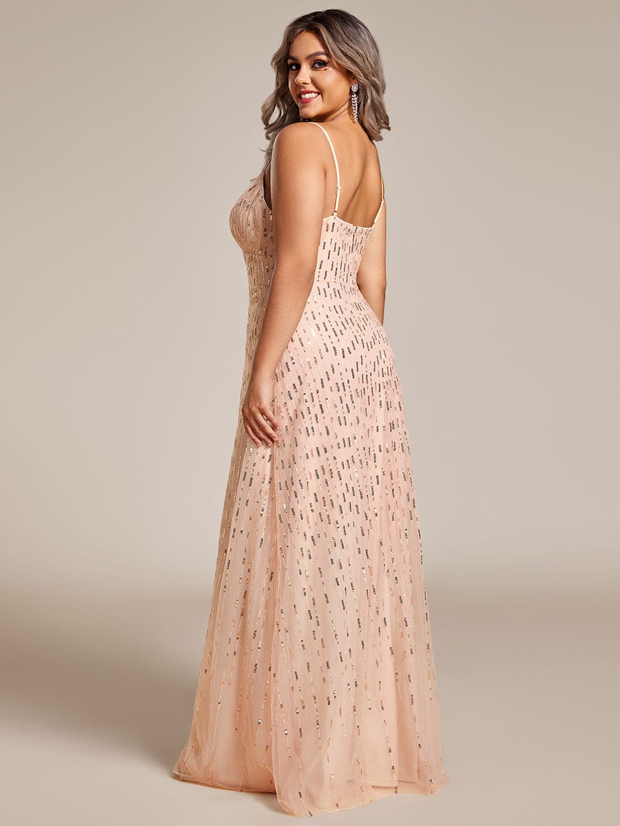 Paillette Deep V-neck High-Waisted Evening Dress Adorned with Spaghetti Straps #color_Rose Gold