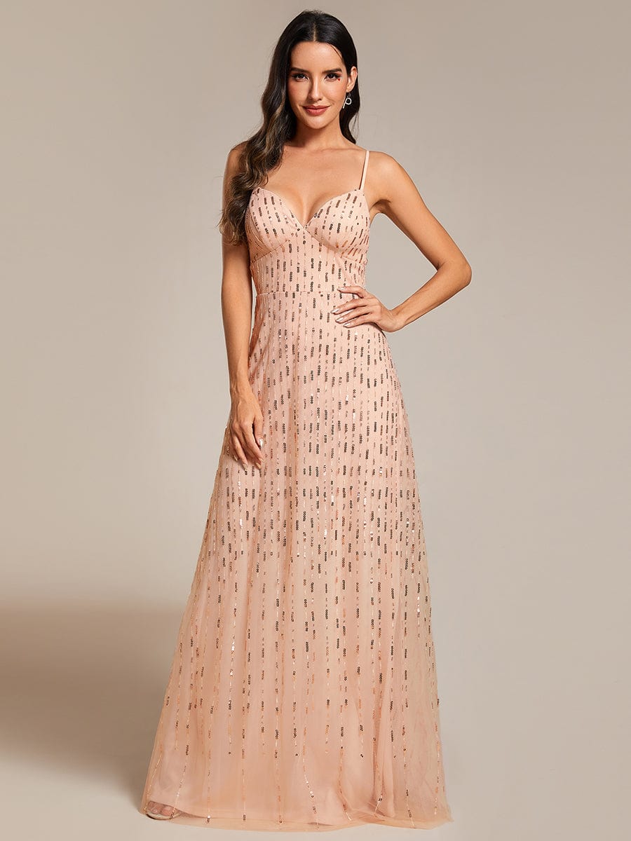 Paillette Deep V-neck High-Waisted Evening Dress Adorned with Spaghetti Straps #color_Rose Gold