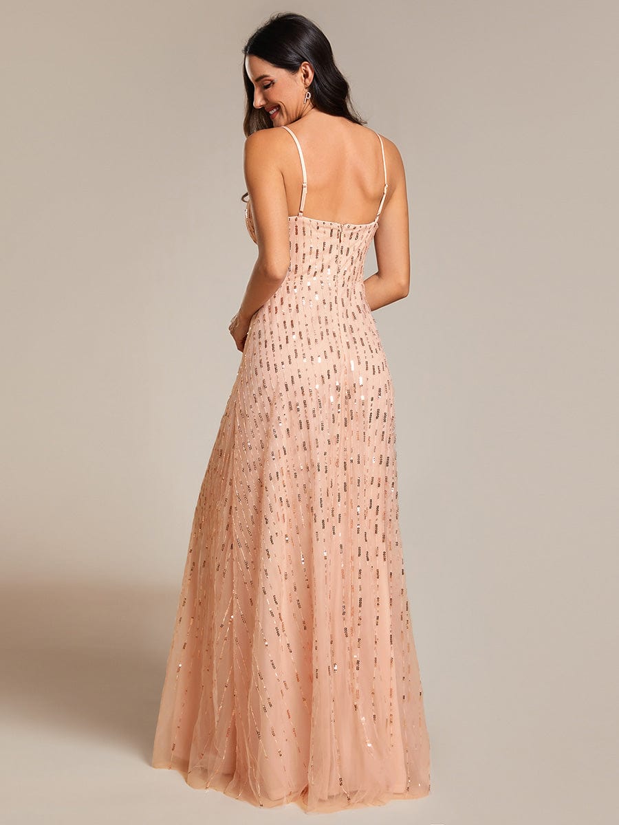 Paillette Deep V-neck High-Waisted Evening Dress Adorned with Spaghetti Straps #color_Rose Gold