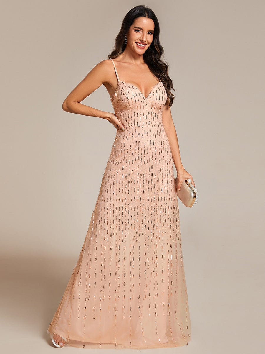 Paillette Deep V-neck High-Waisted Evening Dress Adorned with Spaghetti Straps #color_Rose Gold