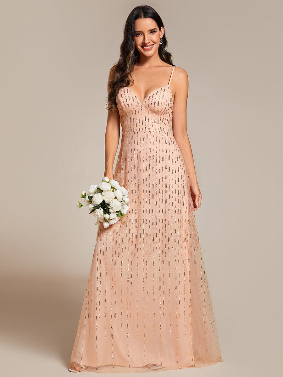 Paillette Deep V-neck High-Waisted Evening Dress Adorned with Spaghetti Straps #color_Rose Gold