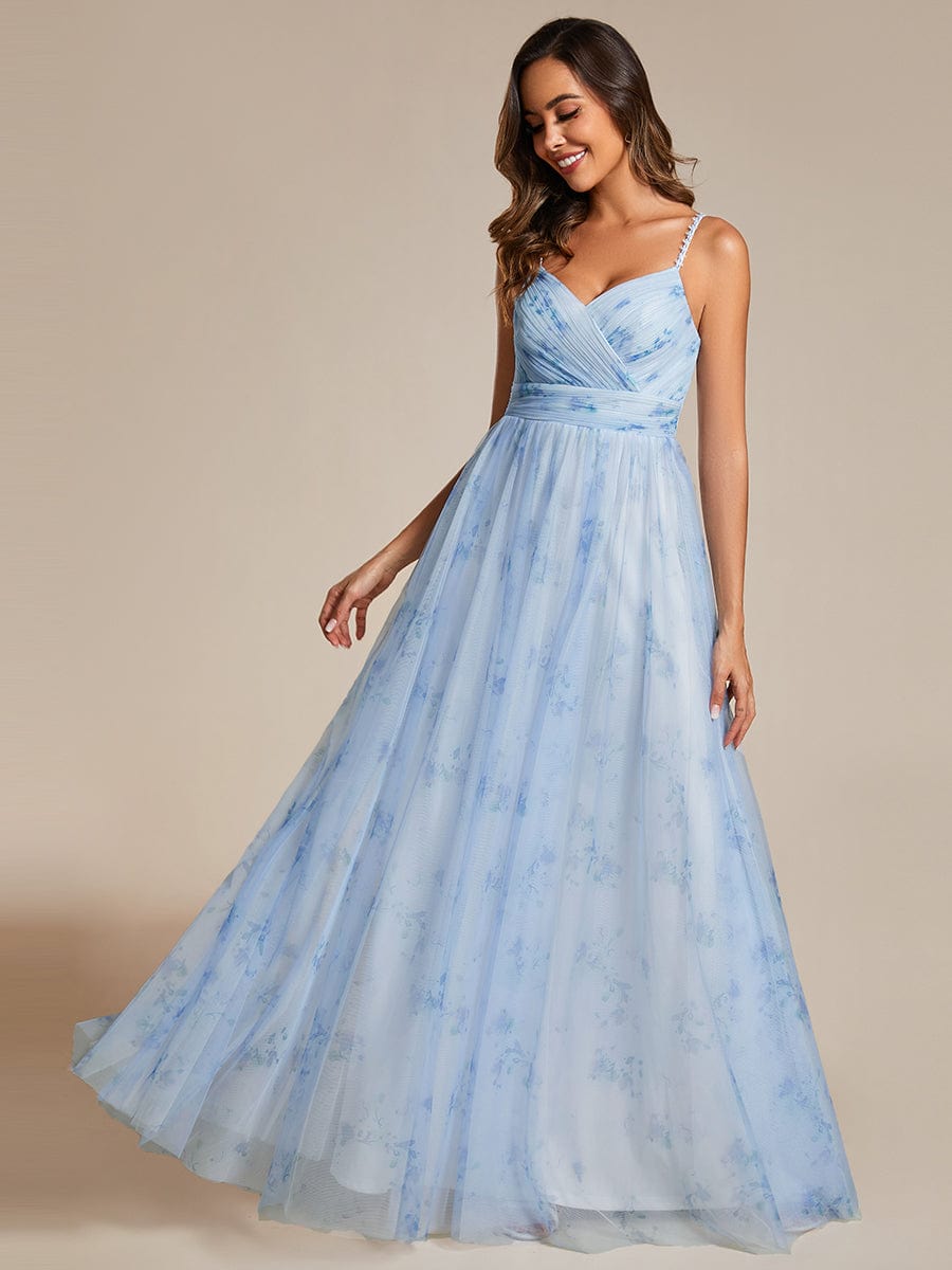 Floral Empire Waist Spaghetti Strap Evening Dress with V-Neck #color_Ice Blue