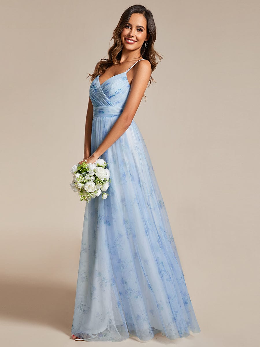 Floral Empire Waist Spaghetti Strap Evening Dress with V-Neck #color_Ice Blue