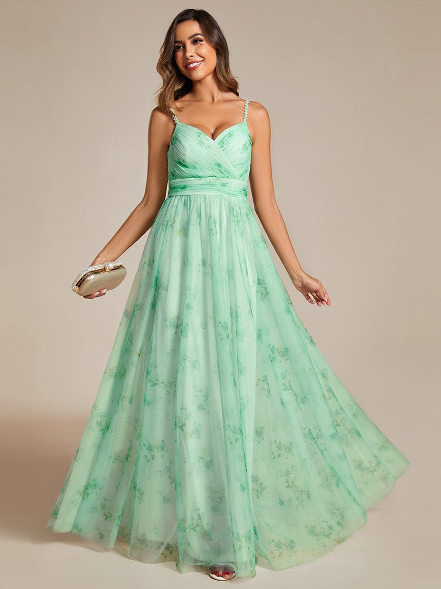 Floral Empire Waist Spaghetti Strap Evening Dress with V-Neck #color_Mint Green