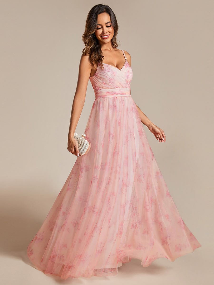 Floral Empire Waist Spaghetti Strap Evening Dress with V-Neck #color_Pink