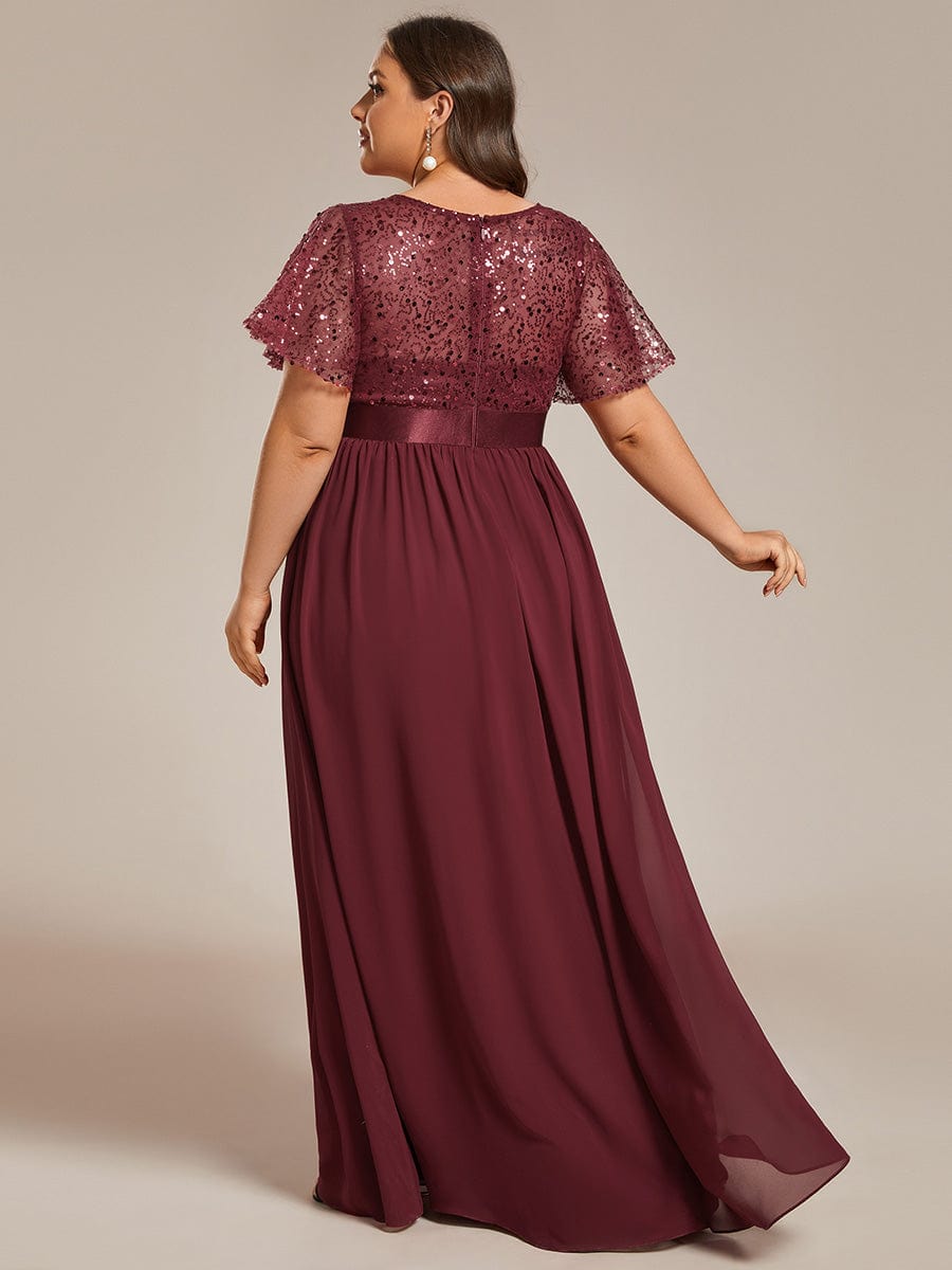 High Waist Sequin Round-Neck Short-Sleeved Evening Dress #color_Burgundy