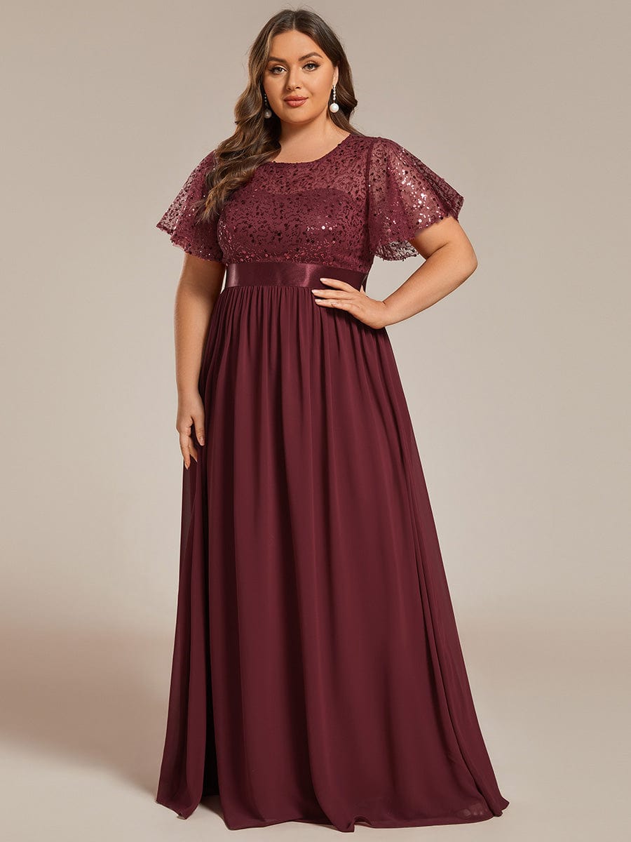 High Waist Sequin Round-Neck Short-Sleeved Evening Dress #color_Burgundy